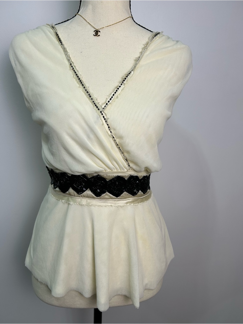 Coquette Style Beaded Rich Cream Blouse with Black Embellished Waistband